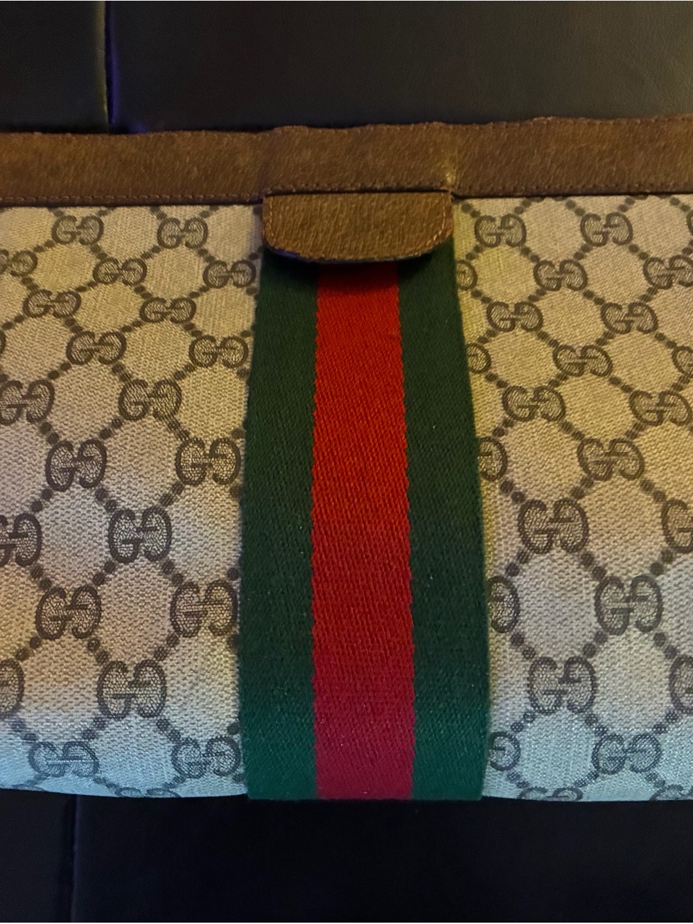 Gucci Beige GG Canvas Clutch with Green and Red Web Stripe